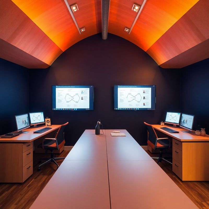 Interior de studio din București cu patru birouri și lumină indigo