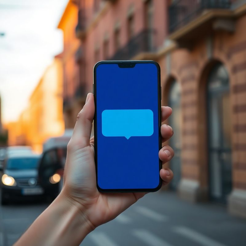 Mână ținând un smartphone cu bulă de chat indigo pe fundal de stradă din București