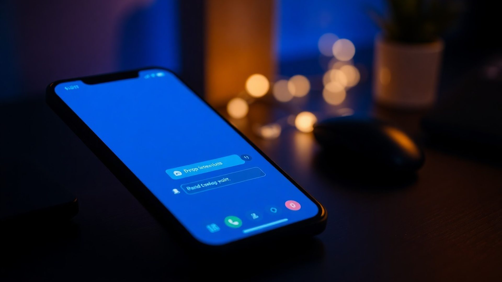 Ecran de telefon cu interfață de chat indigo într-un birou pe timp de noapte