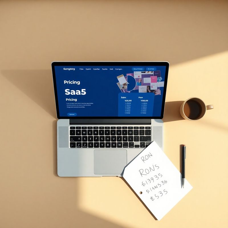 Laptop cu pagină de prețuri SaaS indigo și notițe pe hârtie